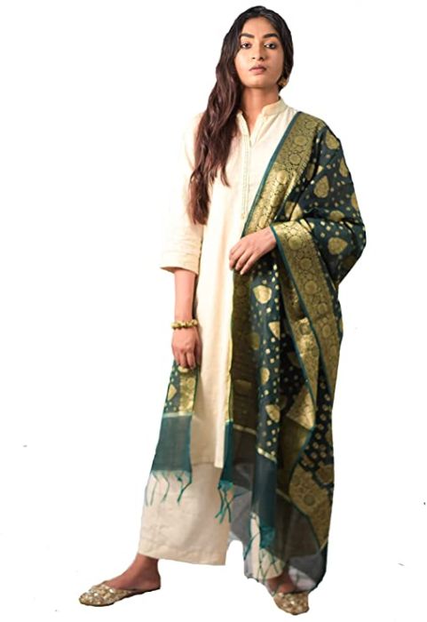 Fartila Banarasi BL0268GR Dupatta de Seda de Algodón Verde