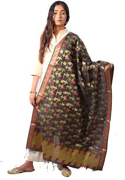 Fartila Banarasi BL0285B Dupatta de Seda de Algodón negro
